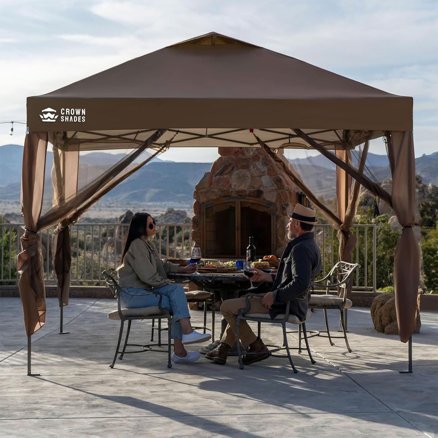 CROWN SHADES Gazebo 10x10 Pop Up Canopy with Mosquito Netting, Screen Tent with 4 Ropes, 8 Stakes, 4 Sandbags and Wheeled Storage Bag, Canopy for Patio & Backyard Parties,Camping&Events -(Coffee)