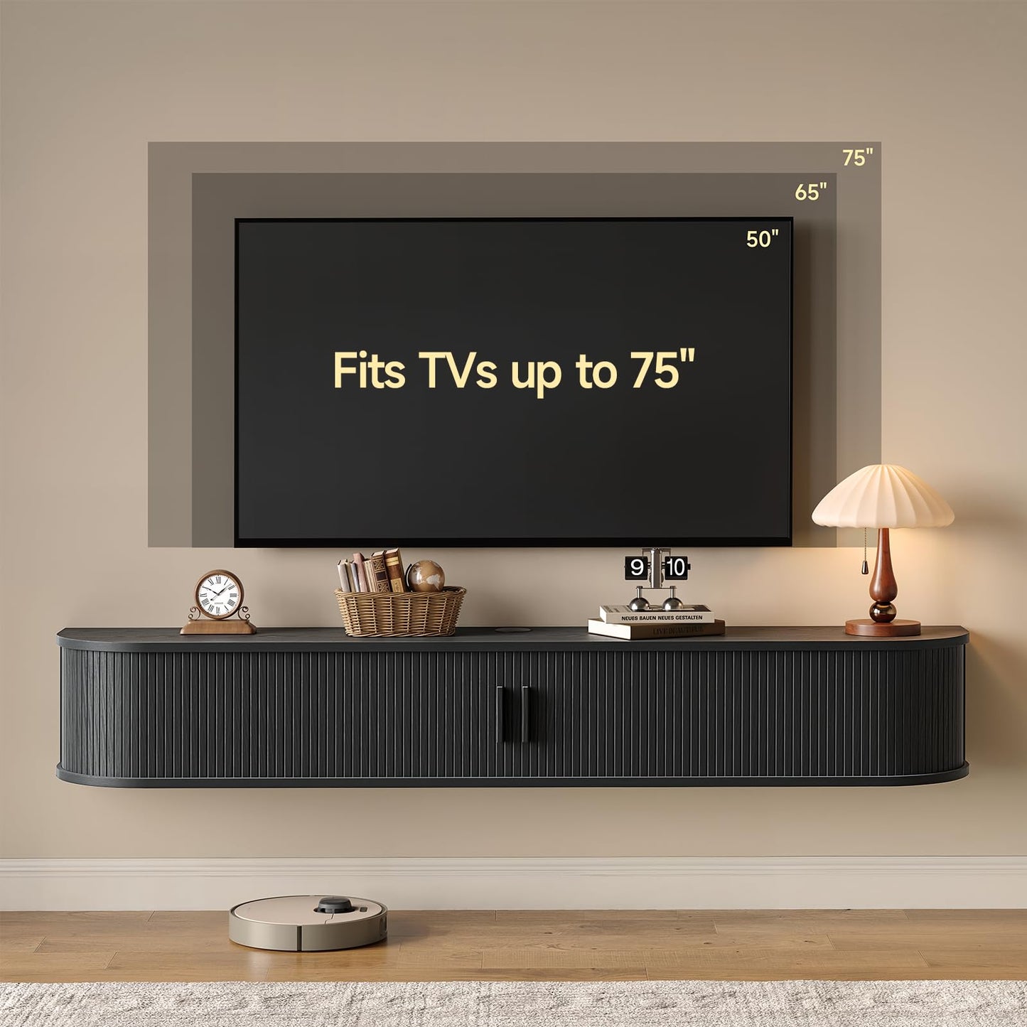 63" Floating TV Stand with Power Outlet for TVs up to 75", Fluted Entertainment Center with Remote Control for LED Lights, Mid-Century Modern TV Console w/Sliding Door for Living Room, Bedroom Black
