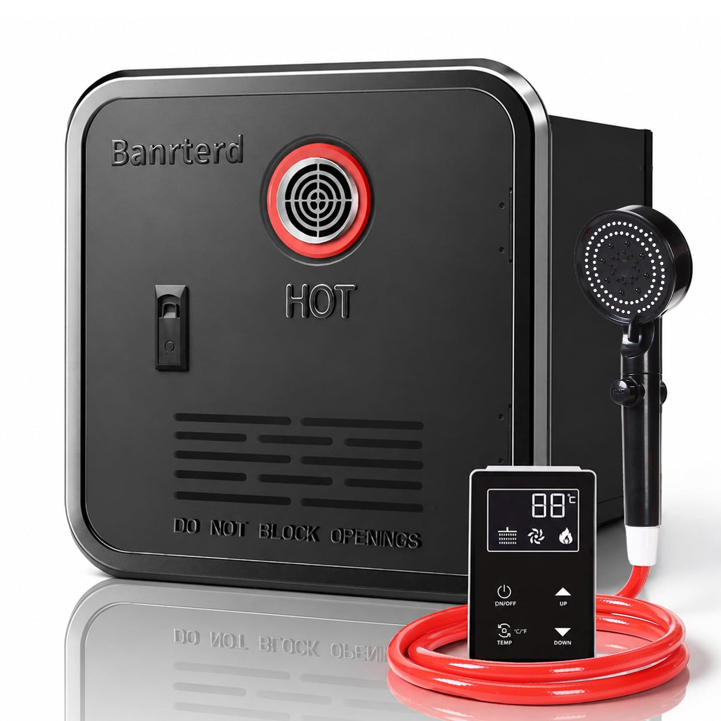 Banrterd RV Tankless Water Heater, 55000 BTU High Altitude Available, On Demand Instant Hot Water Heater, 15x15 inch Black Door and Front Water Outlet, DC 12V CSA Certificated, Compatible with all RVs