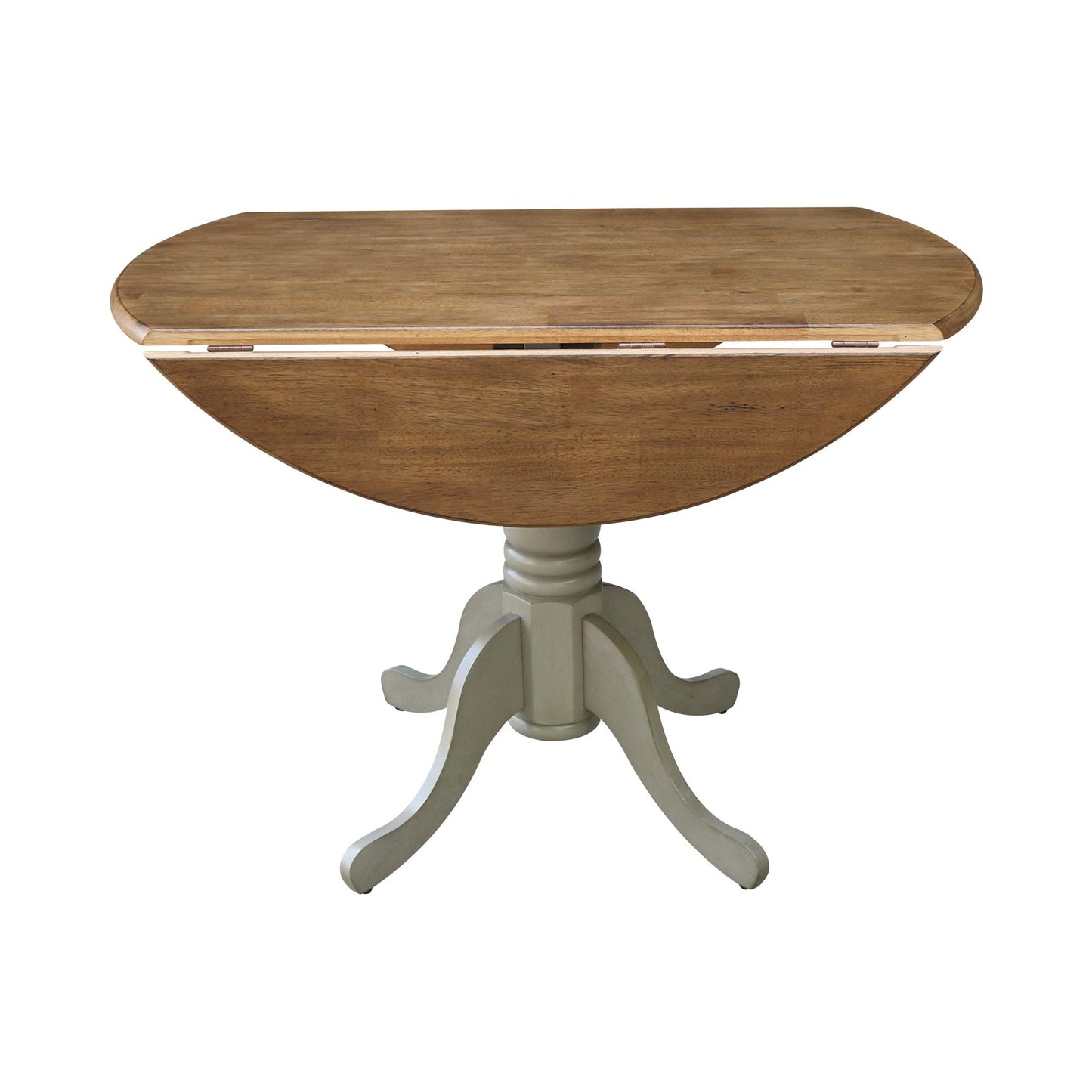 IC International Concepts, 42" Round Dual Drop Leaf Pedestal Dining Table, Solid Real Wood, Sturdy Parawood, Distressed Hickory/Stone