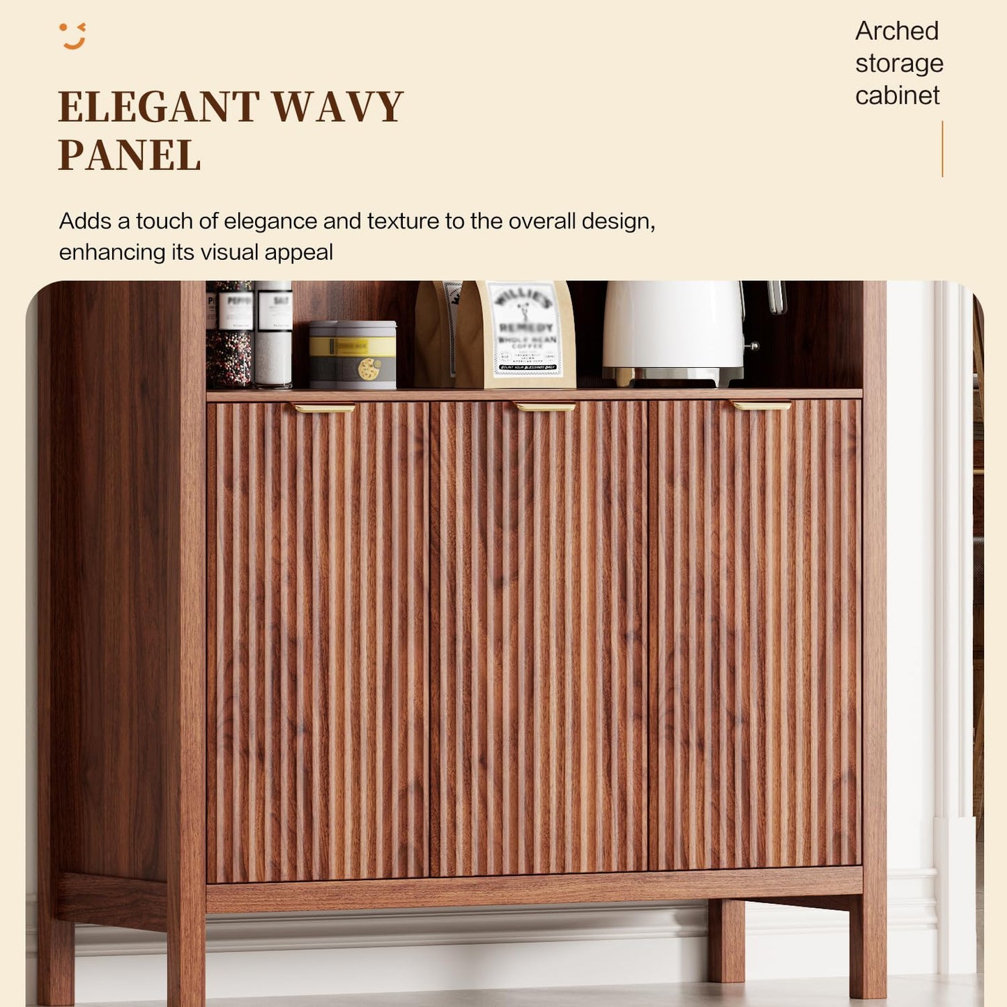 Ieejdn 71" Tall Arched Kitchen Pantry,Modern Fluted Wood Storage Cabinet with Doors,Adjustable Shelves,Organizer, Versatile Cupboard for Kitchen,Living Room,Dining Room,Bathroom,Walnut