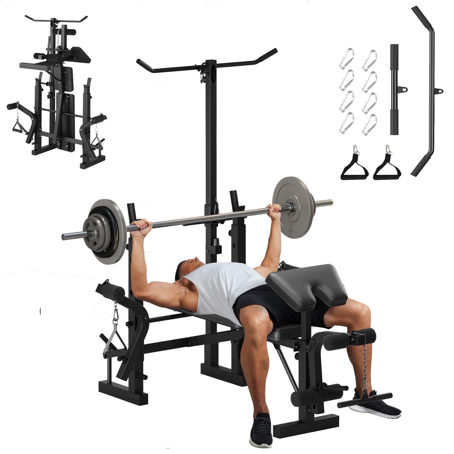 7-in-1 Weight Bench Set with Adjustable Rack, 900LBS Foldable Bench Press Set with Leg Extension/Curl for Strength Training, Multi-Function Workout Bench with Preacher Curl Pad for Home Gym