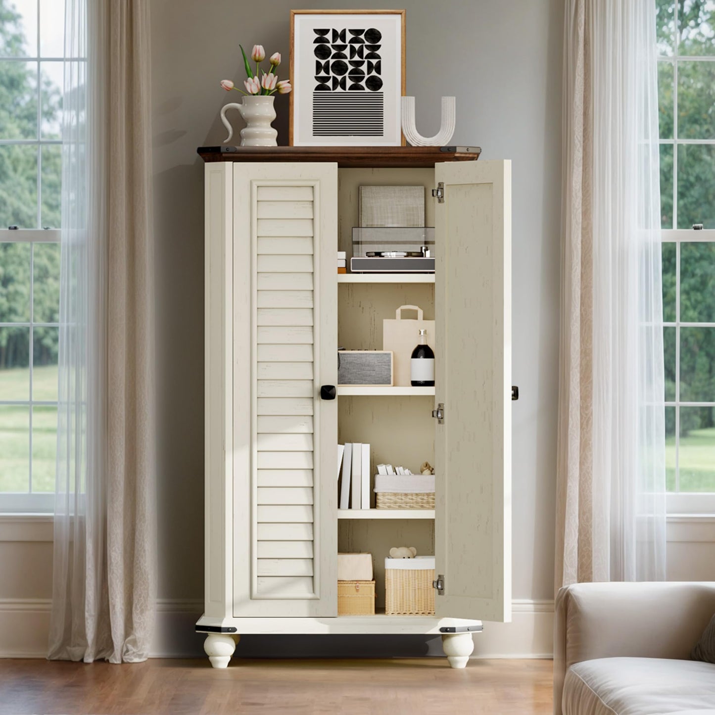 YITAHOME 45" Pantry Cabinet, Kitchen Pantry Storage Cabinet with Doors and Adjustable Shelves, 4-Tier Freestanding Buffet Cupboards Sideboard for Living Room and Dinning Room, White