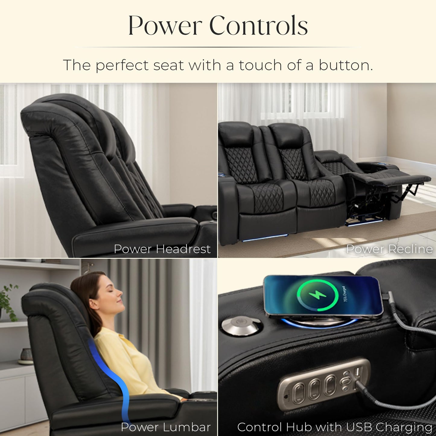 Seatcraft Virtuoso LT Black Italian Leather Home Theater Seating, Zero Gravity Power Recliner, Powered Headrest and Lumbar Gaming and Home Office Chair, Heat and Massage Lounge Sofa, Single Recliner