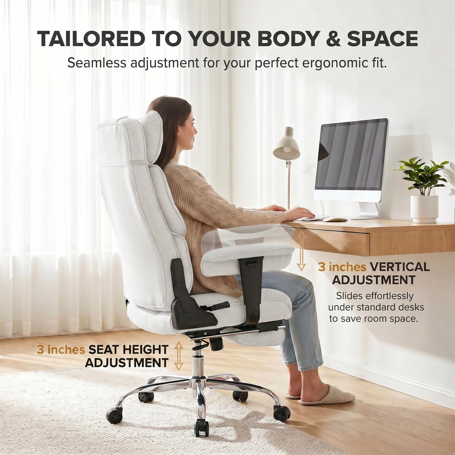 mokodo Big and Tall Office Chair 400lbs, Breathable Fabric Executive Desk Chair with Pocket Spring Cushion, 155° Reclining Computer Chair with Integrated Headrest & Lumbar Pillow (White)