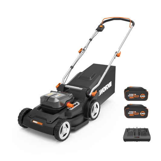 WORX Cordless Lawn Mower, 17" Electric Mower Cuts to Edge, Compact & Lightweight Push Lawn Mower with 6-Position Height Adjustment for Medium Size Yards, 2 Batteries & Charger Included, WG745