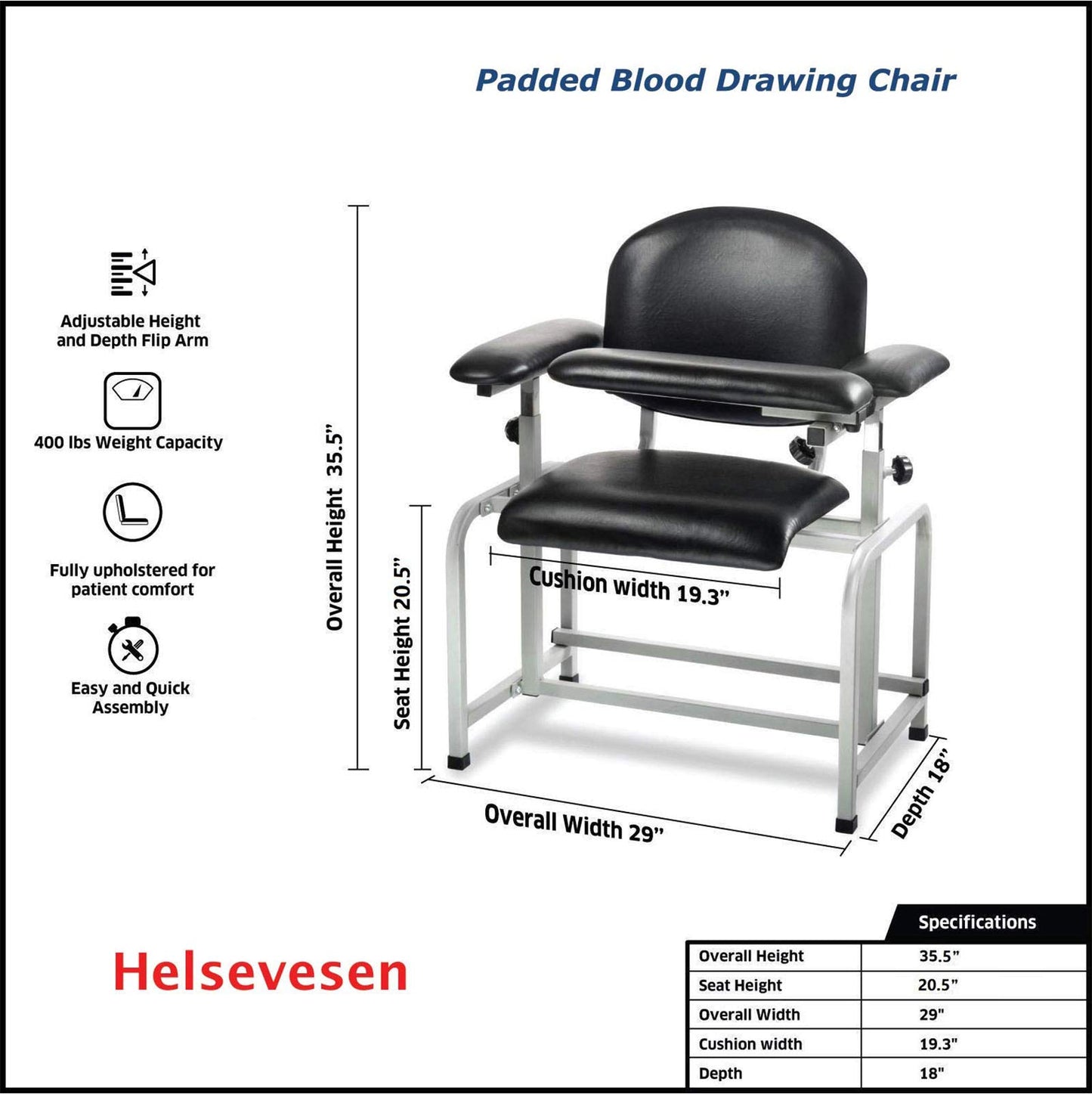 Helsevesen Blood Drawing Phlebotomy Chair, Comfortable Padded Lab Draw Chair with Adjustable Armrest (Black)