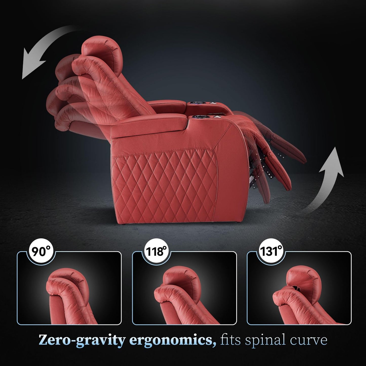 PBRO Home Theater Seating Genuine Leather Recliner Chair, Power Reclining & Headrest, USB A/C Charging Ports, Tray Table, Cup Holder Ambient Lighting Red Row of 1
