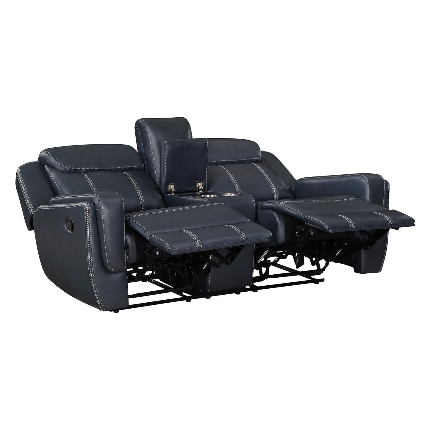 Lexicon Modern Double Reclining Loveseat, Faux Leather Recliner Loveseat with Headrest, Center Console, Receptacles and USB Ports, Manual Recliner Loveseat Sofa for Living Room/Office/Apartment, Blue