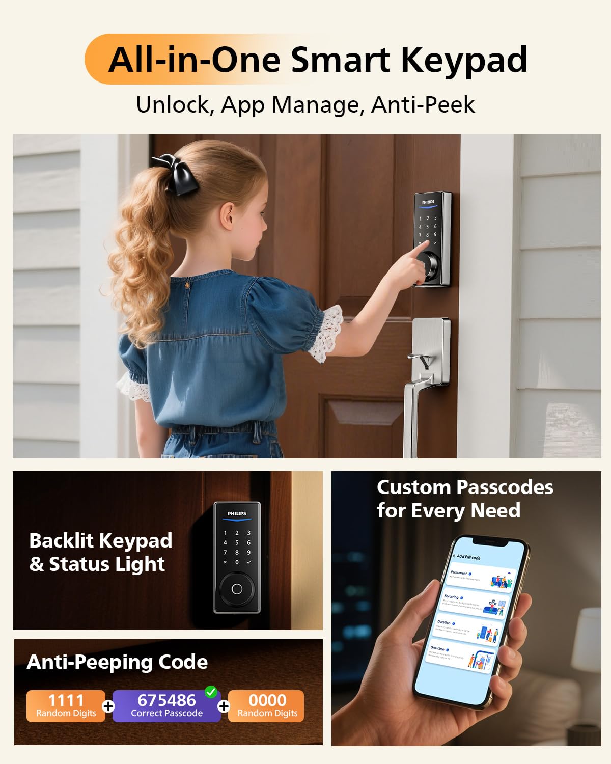 Philips WiFi Smart Lock with Front Door Handle Set, Built-in WiFi, APP Remote & Voice Control, Fingerprint Keyless Entry Door Lock, Keypad Deadbolt Smart Locks for Front Door, Auto-Lock, Satin Nickel