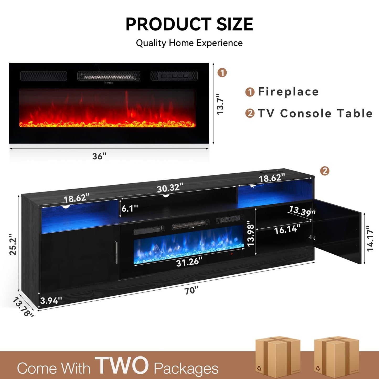 MXV 70" Fireplace TV Stand with Power Outlet for TVs UP to 80", Electric Fireplace Entertainment Center with LED Lights & Storage Cabinets, TV Console for Living Room, Office, Black-Black