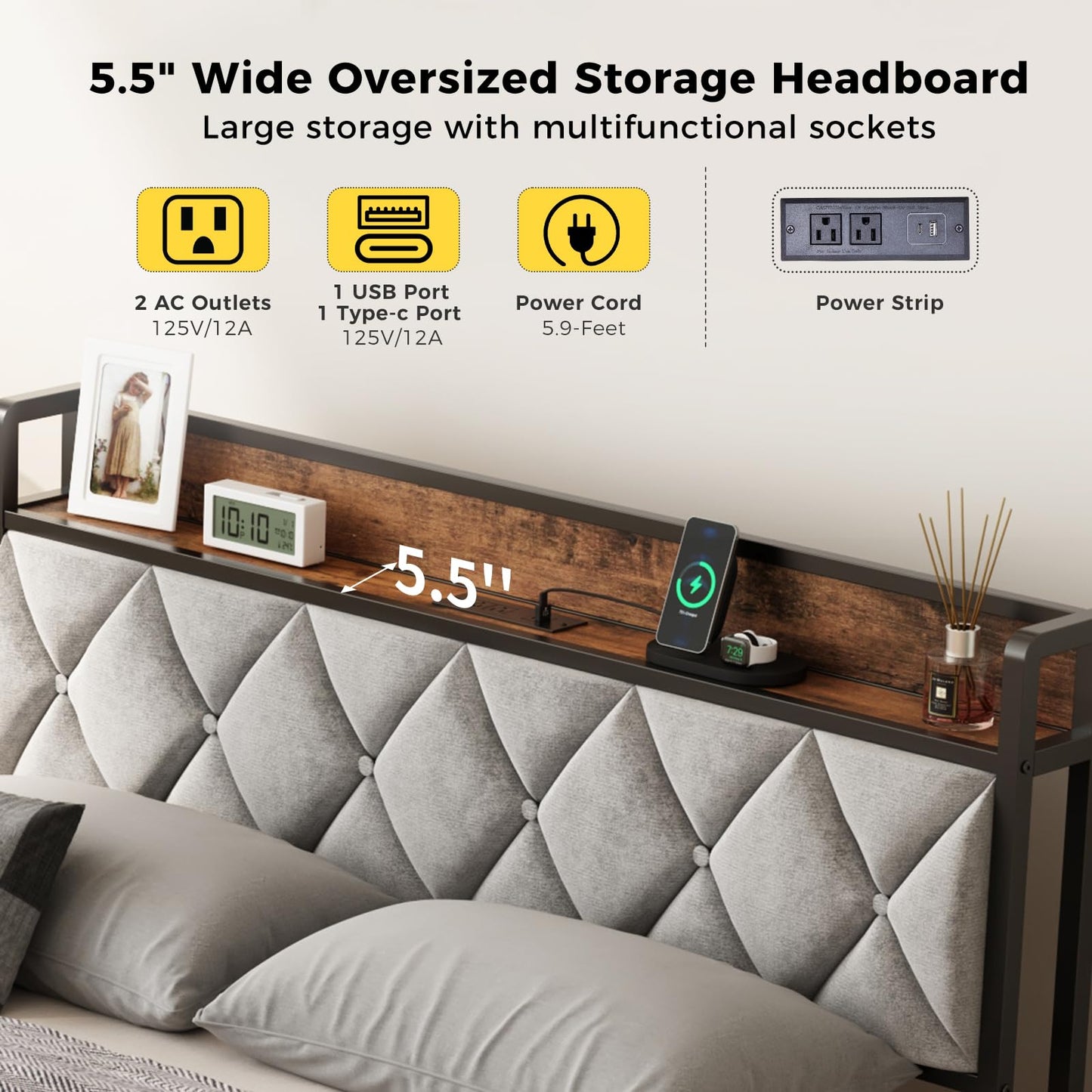 DUMOS King Size Upholstered Platform Bed Frame, King Bed with Storage Drawers and Fabric Headboard, Wooden Slats Support, 1323 lbs Weight Capacity, No Box Spring Needed, Easy Assembly, Gray