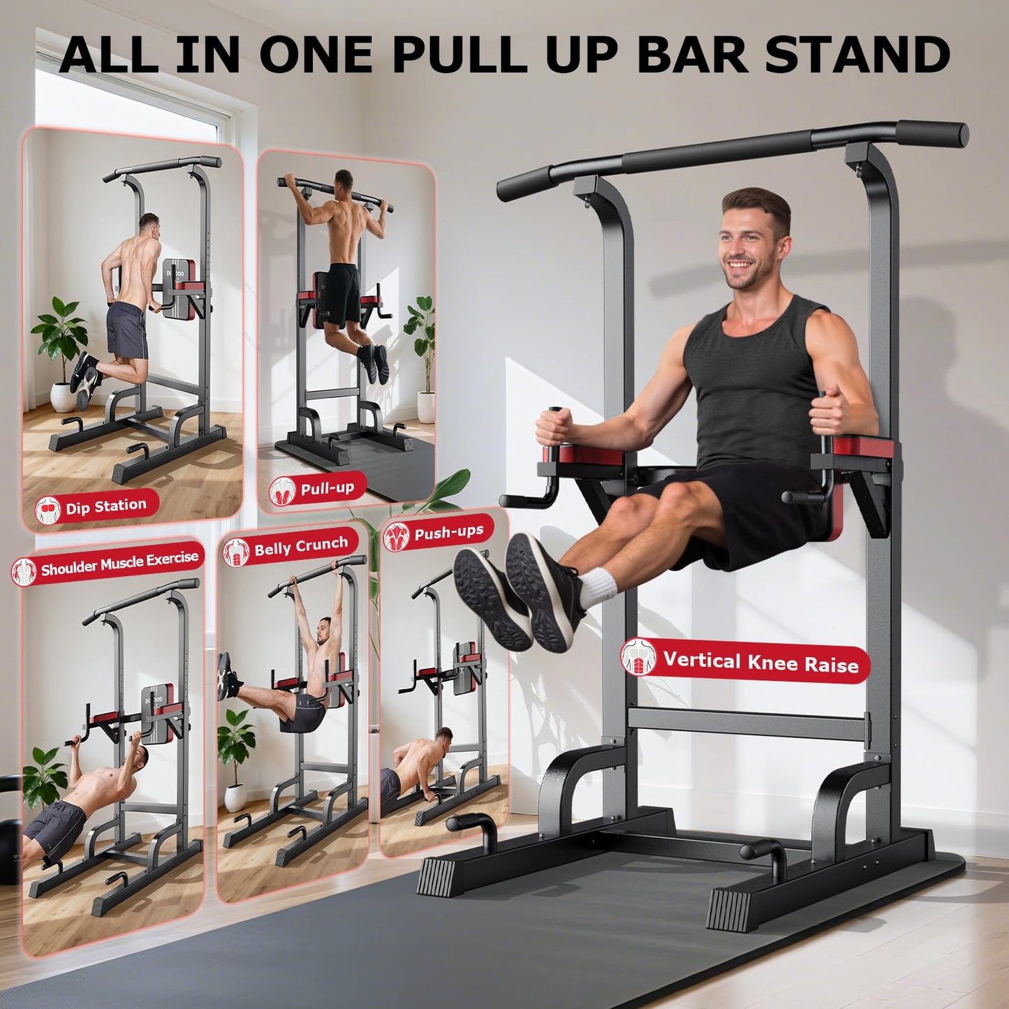 Power Tower Dip Station Pull Up Bar for Fitness Home Gym Workout,Multi-Function Adjustable Height Fitness Strength Training Exercise Equipment,with Power Elastic Ropes,Black Red-02