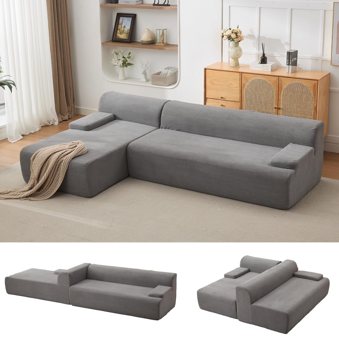 Garvee 108'' Modular Sectional Sofa, Left Facing Chaise L-Shaped Boneless Couch, Ultra Deep Seat Modern Sectional Sofa for Living Room, 5mm Wale Corduroy Fabric, Gary