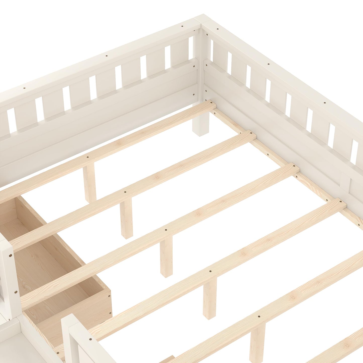 Queen Platform Bed with Storage Drawers and Bookshelves, Kids Platform Bed Frame with Low-profile Stairs and Full-length Guardrails, Queen Bed Frame for Boys, Girls, No Box Spring Needed, Beige