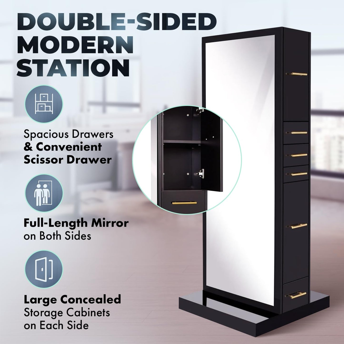 Buy-Rite Modena Double-Sided Styling Station for Professional Salons & Barbershops, Gloss Black, 2 Full-Length Mirrors, Storage Cabinets, Drawers, Slide-Out Tool Drawer, NIN-MD-01