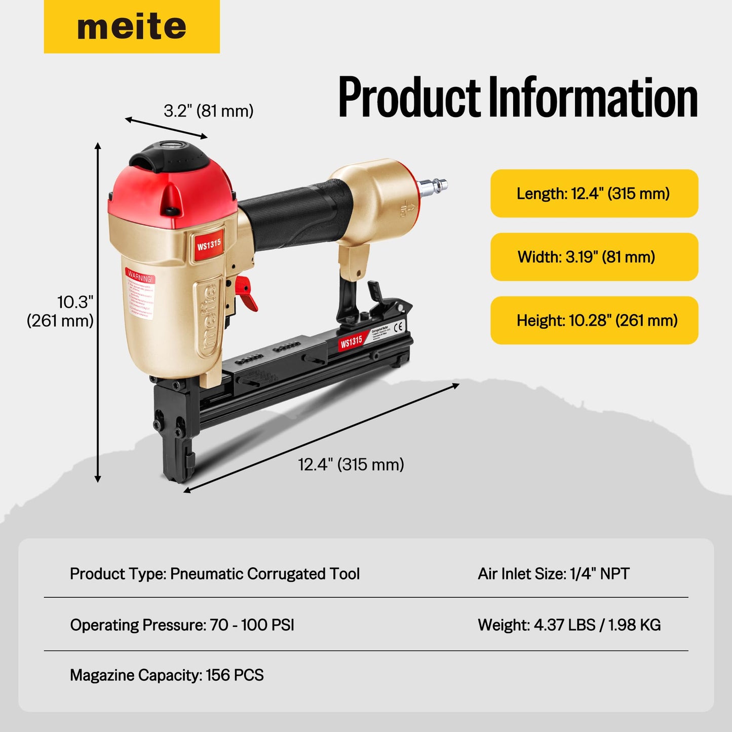 meite Corrugated Fastener Tool, 1/2-inch Crown Micro Corrugated Stapler, Accepts 1/4-inch to 5/8-inch Leg Lengths Corrugated Fasteners (Model WS1315)