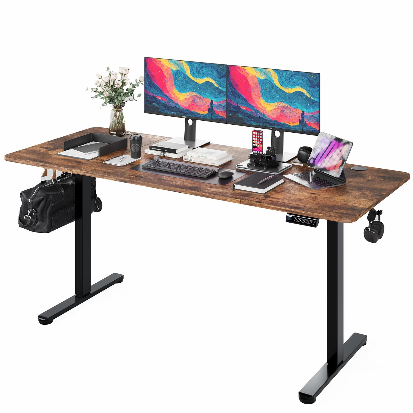Monomi Electric Standing Desk, 63 x 28 inches Height Adjustable Ergonomic Home Office Sit Stand Up Desk with Memory Preset Controller (Rustic Brown Top/Black Frame)