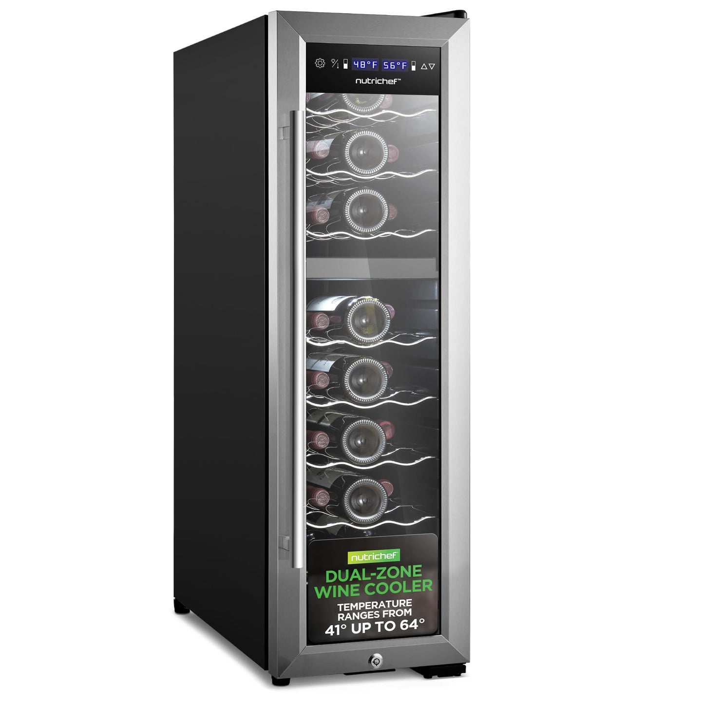 NutriChef 24 Bottle Wine Fridge | Dual Zone Wine Chiller | Adjustable Temperature 41°F to 64°F | Ultra Quiet Operation | Wine Cooler For Home, & Office | Free Standing 39x11x23 IN (Black)