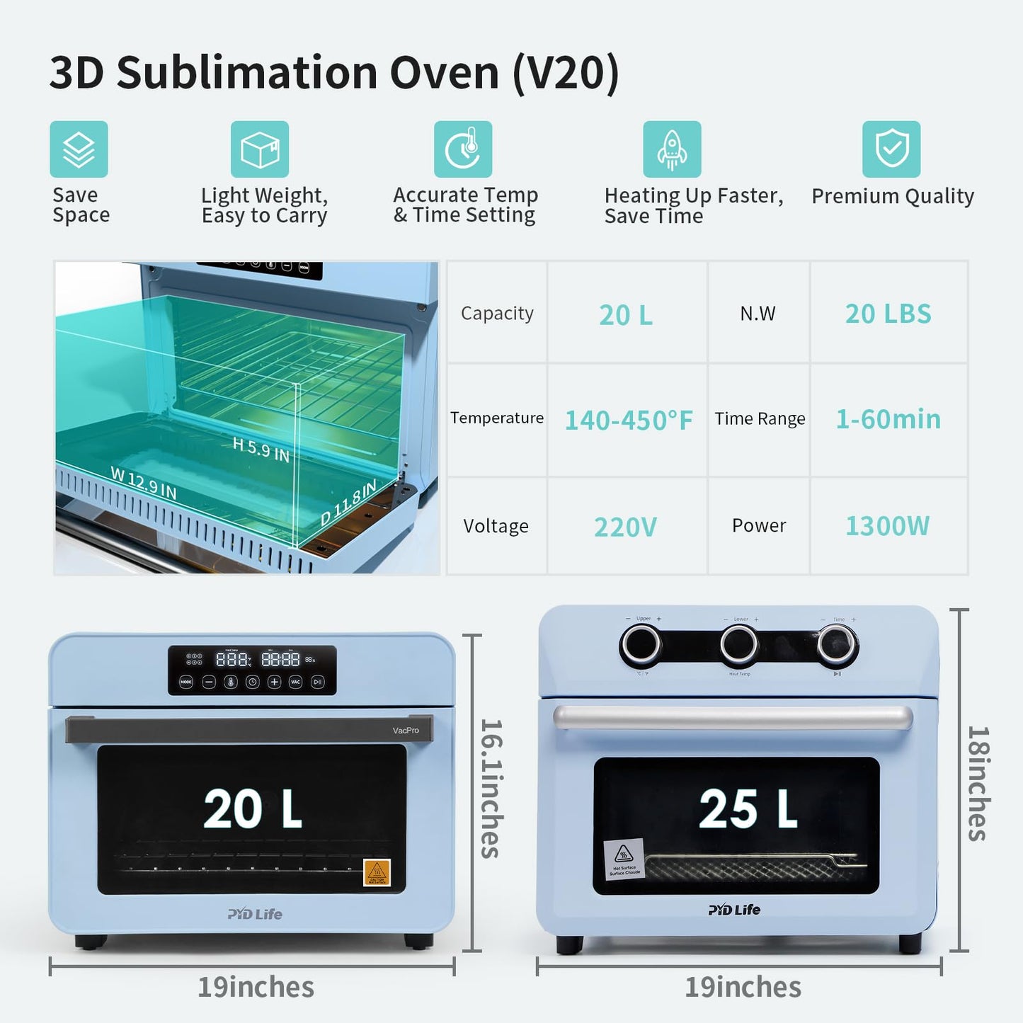 PYD Life V20 Sublimation Oven Machine with Auto Vacuum System and A4 Tray 20 L 120 V 1300 W, for 3D Phone Cases, Earphone Cases, Badge, Photo Slates, Sublimation Mugs Tumblers Blanks Printing