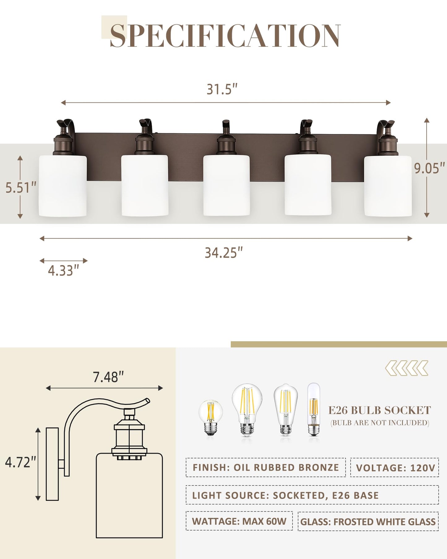 JAZAVA 5 Light Bathroom Vanity Light Oil Rubbed Bronze Metal Wall Sconce with Milky White Frosted Shade Model ZCVL01ORBW-5