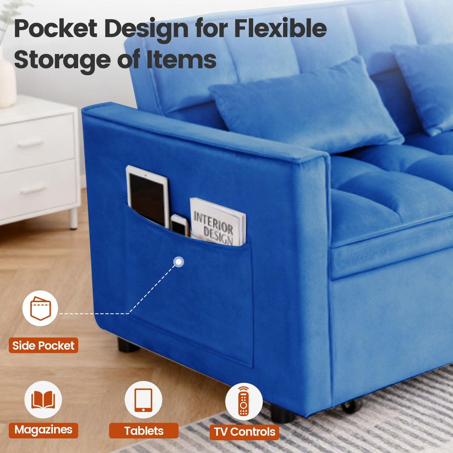 NicBex 3 in 1 Convertible Sofa Bed, Pull Out Couch Bed with Adjustable Backrest, Velvet Fabric Sleeper Sofa with Side Pocket, Loveseat Sleeper Sofa for Small Space, Living Room, Bedroom, Blue