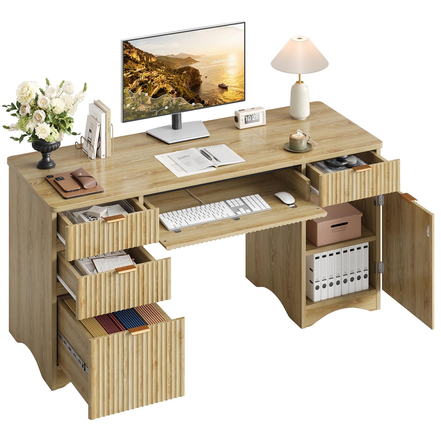 Bestier 63 Inch Home Office Desk with Drawers, Fluted Executive Desk with Ample File Drawer, Keyboard Tray & Storage Cabinet for Study, Living Room, Bedroom, Natural Oak