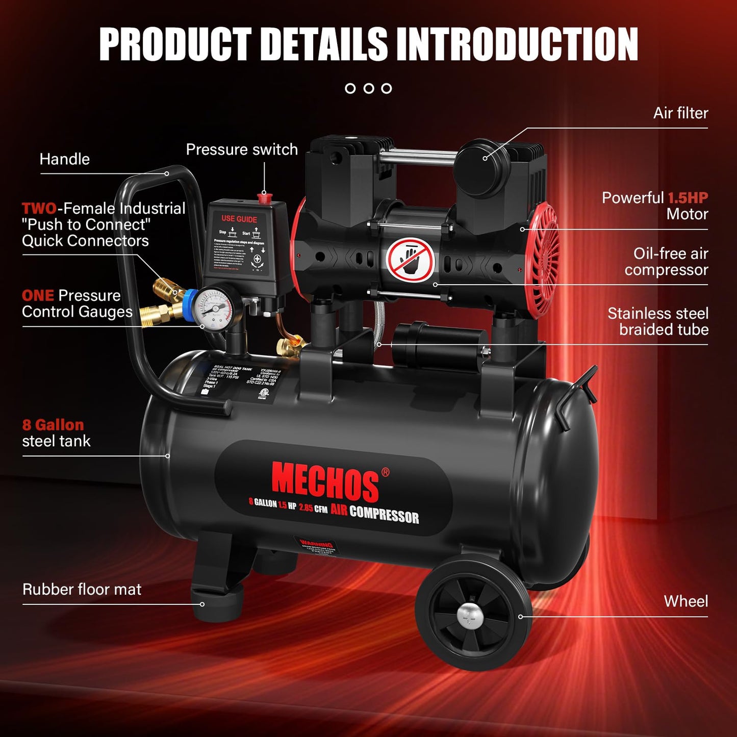 Portable Air Compressor with 8 Gallon Steel Tank, 1.5 HP 2.85 CFM @ 90 PSI, 116 Max PSI Oil-Free Air Compressor for Garage, Home Use, Tire Inflation, Nail Gun, DIY Projects,110V