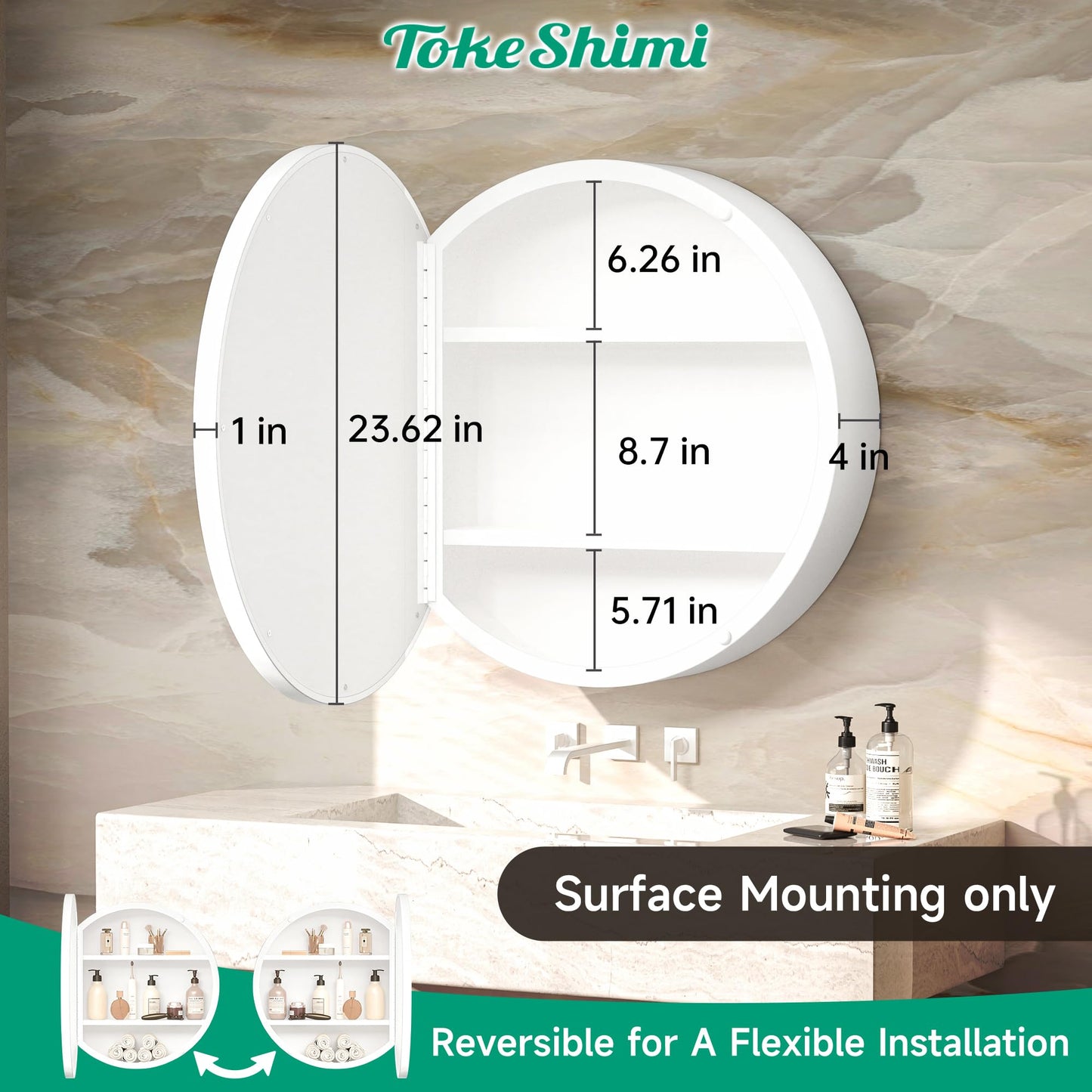 TokeShimi 24 Inch Round Bathroom Medicine Cabinet with Mirror Surface Mount Only Circular White Framed Farmhouse Medicine Cabinets for Wall Small Circle Mirrored Bath Cabinet with Vanity Mirror