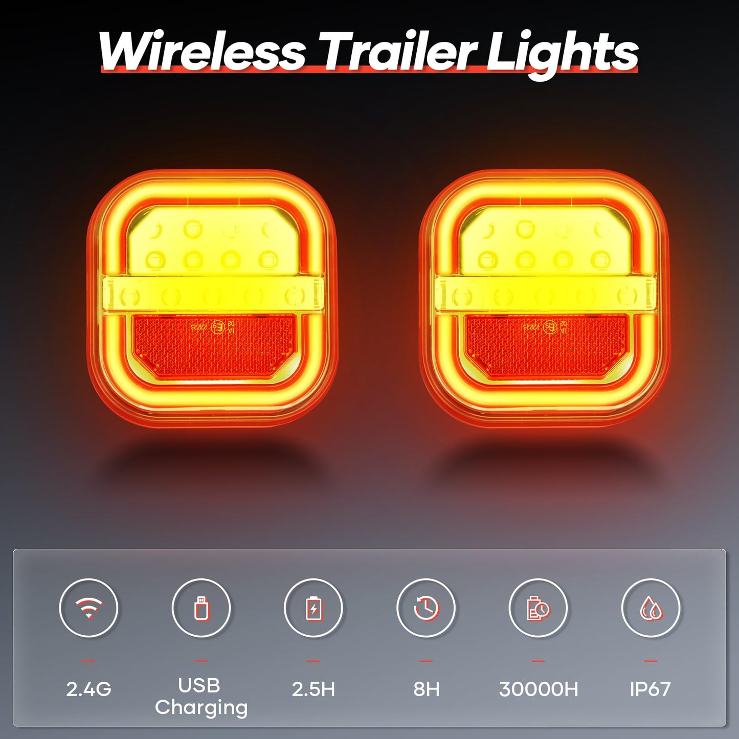 WIAZZLUK Wireless Trailer Lights, Rechargeable LED Tail Light Kit, Waterproof, Magnetic/Screw Fixed, Model RAVI RAZZ DK0001, Black