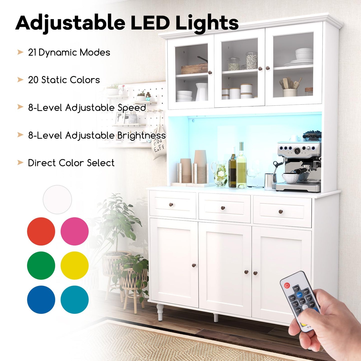 Giantex 77” Large Pantry Cabinet, Kitchen Buffet Hutch w/LED Lights 20 Colors, Outlet, 3 Drawers, Microwave Countertop, Freestanding Cupboard with 4 Adjustable Shelves & Tempered Glass Doors (White)