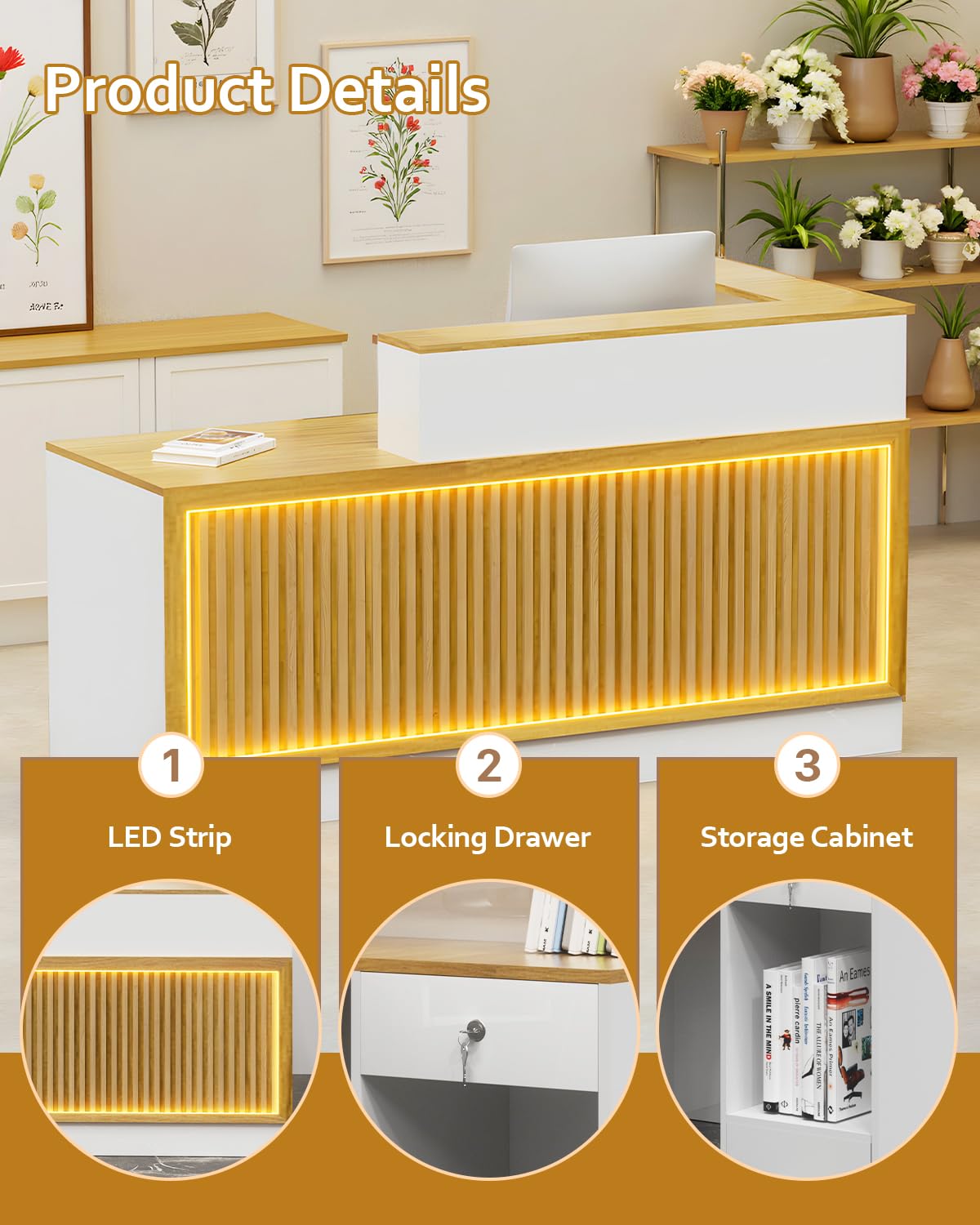 L-Shaped Reception Desk with Counter, 63" Solid Wood Modern Reception Counter with Lockable Drawers and Storage, Wood and White Front Desk for Checkout, Home Office, Beauty Salon (A-Lift, 63in)