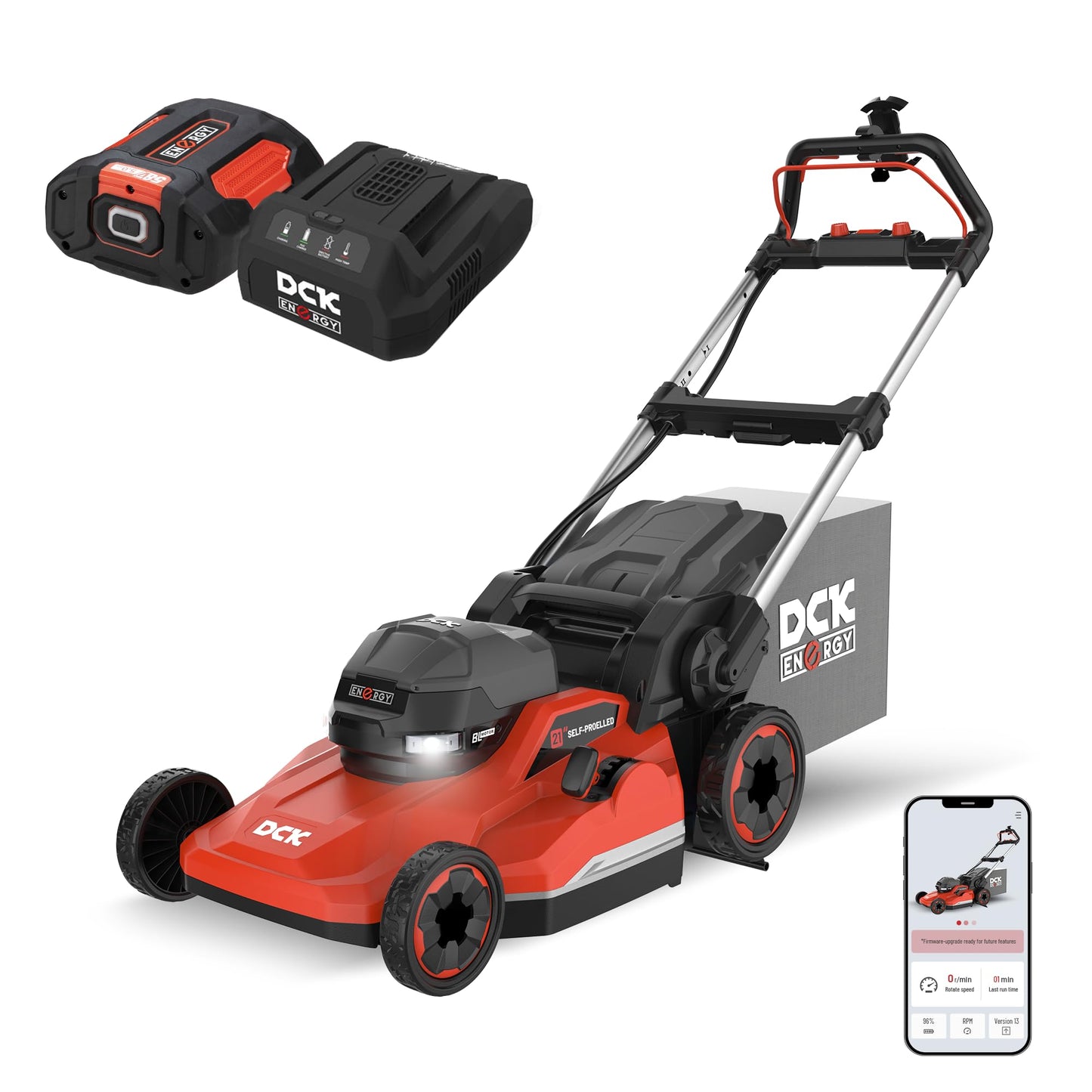 DCK 58V 21" Self-Propelled Lawn Mower 3-in-1 (Mowing/Collecting/Mulching), 7 Cut Heights, Foldable, LED Light, Upgraded Brushless Motor, 6.0Ah Battery & Charger