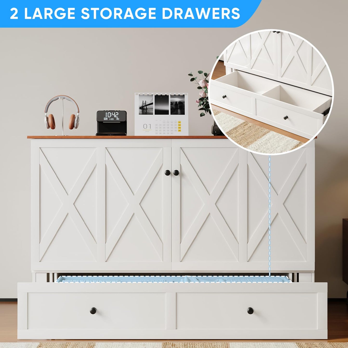 PUREMIND Murphy Bed Queen with Mattress Included, X Frame Cabinet Beds Chest with Charging Station & Storage Drawers, Convertible Hideaway Cabinet Bed for Guest Room, White