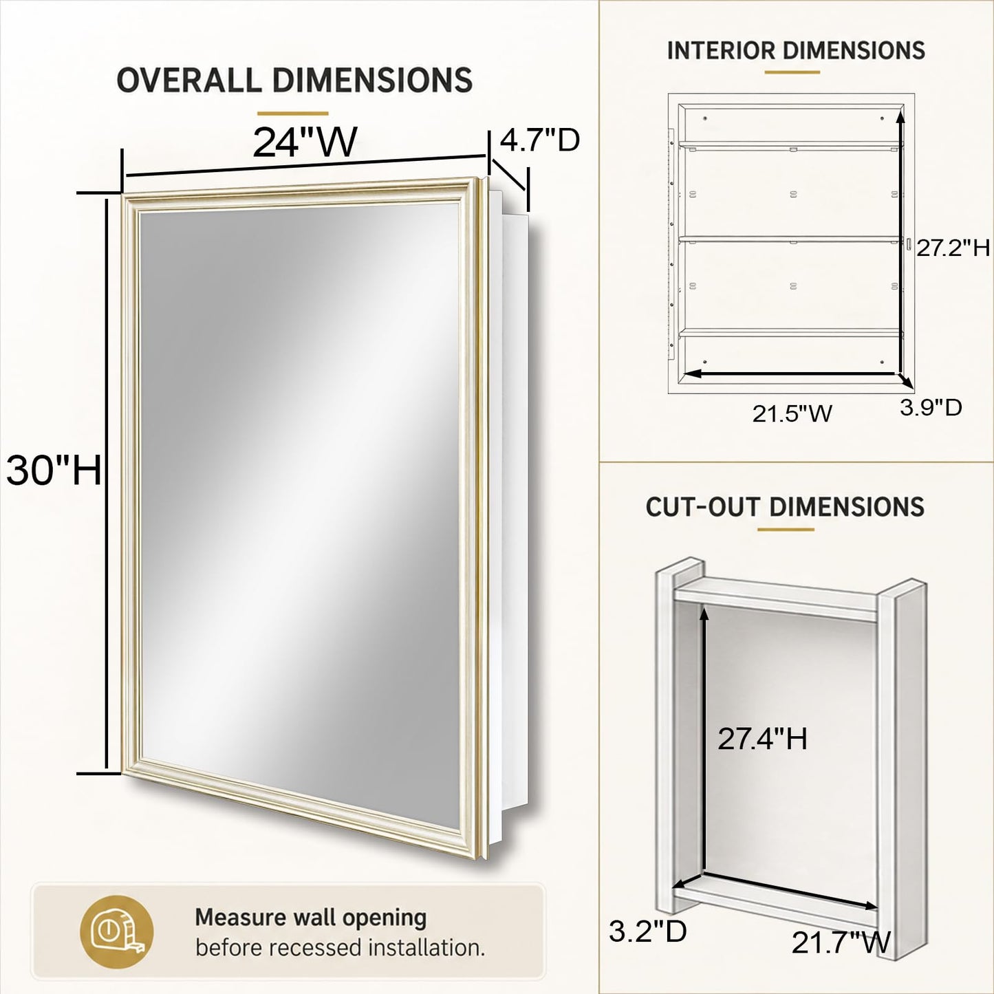 Fundin 24 x 30 White Metal Bathroom Wall Medicine Cabinet with Gold Beveled Frame Mirror, Recessed or Surface Mount,Mirror Cabinet with Adjustable Shelves