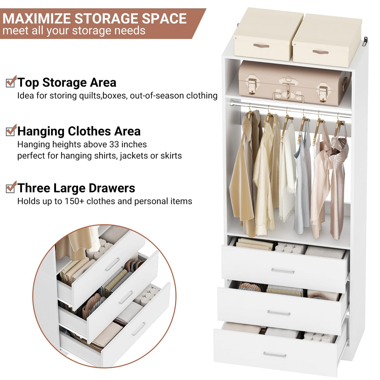 Besiost Closet System Set of 4, 8FT Closet Systems with 12 Wood Drawers, 96" Closet Organizer System with 4 Hanging Rods & 4 Shelves, Heavy Duty 96 Inch Walk-in Closet, White (96"L x 15" W x 80" H)