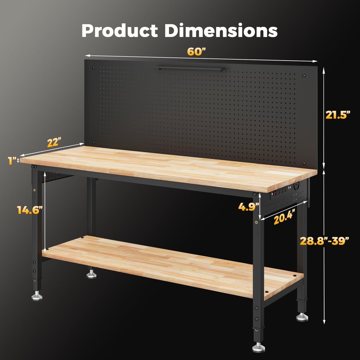 CAMMOO 60" Work Bench Adjustable Height with Storage Shelf, Max Load 2000 LBS Heavy Duty Rubberwood Tabletop with Pegboard, LED Light, Built-in Power Strip for Woodworking Shop, Garage, Home