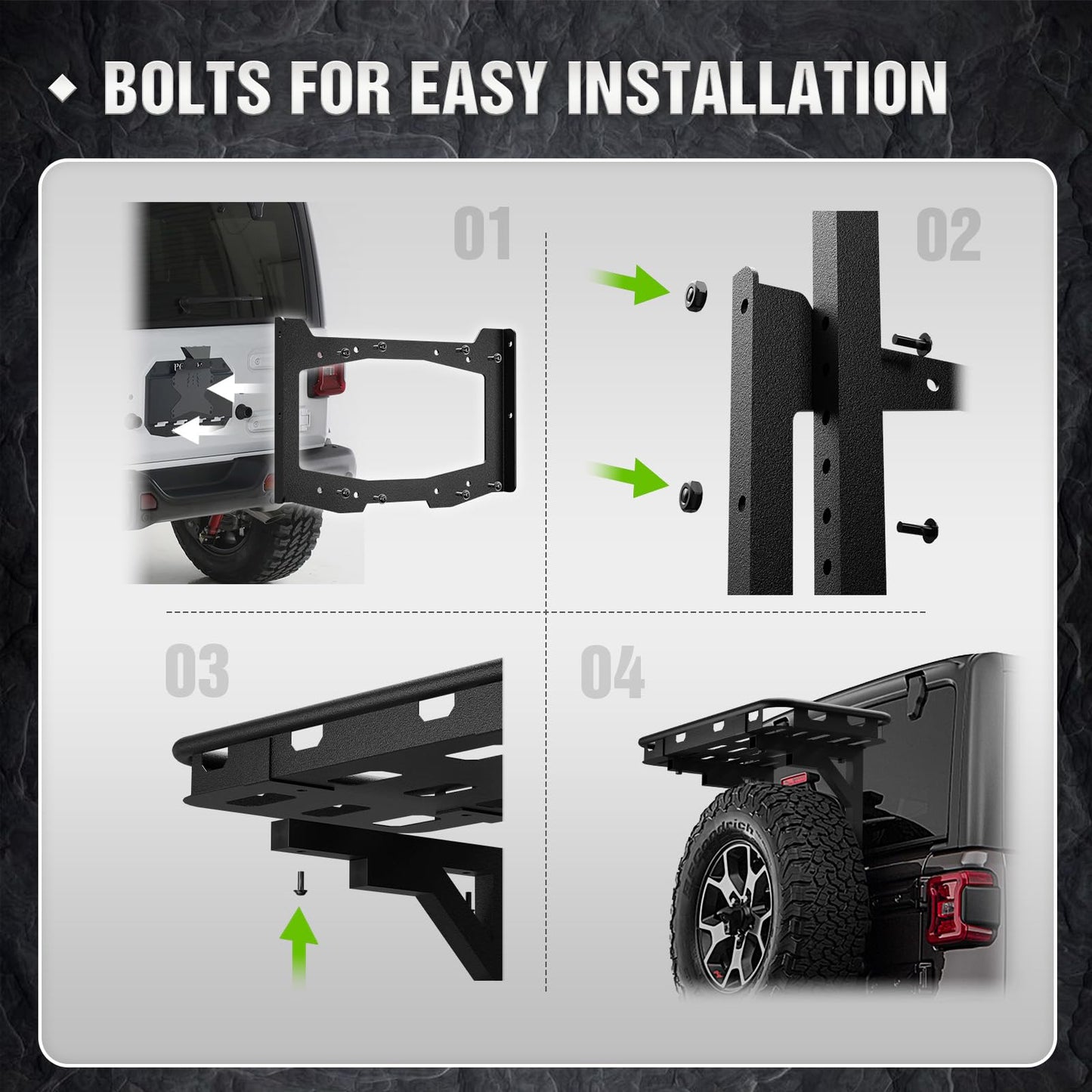 YZONA for Jeep Wrangler JL Rear Cargo Basket on OE Tailgate Compatible with 2018-2026 Jeep Wrangler JL & JLU Unlimited 2/4 Door, Spare Tire Cargo Rack, Luggage Storage Carrier (Bolt-On)
