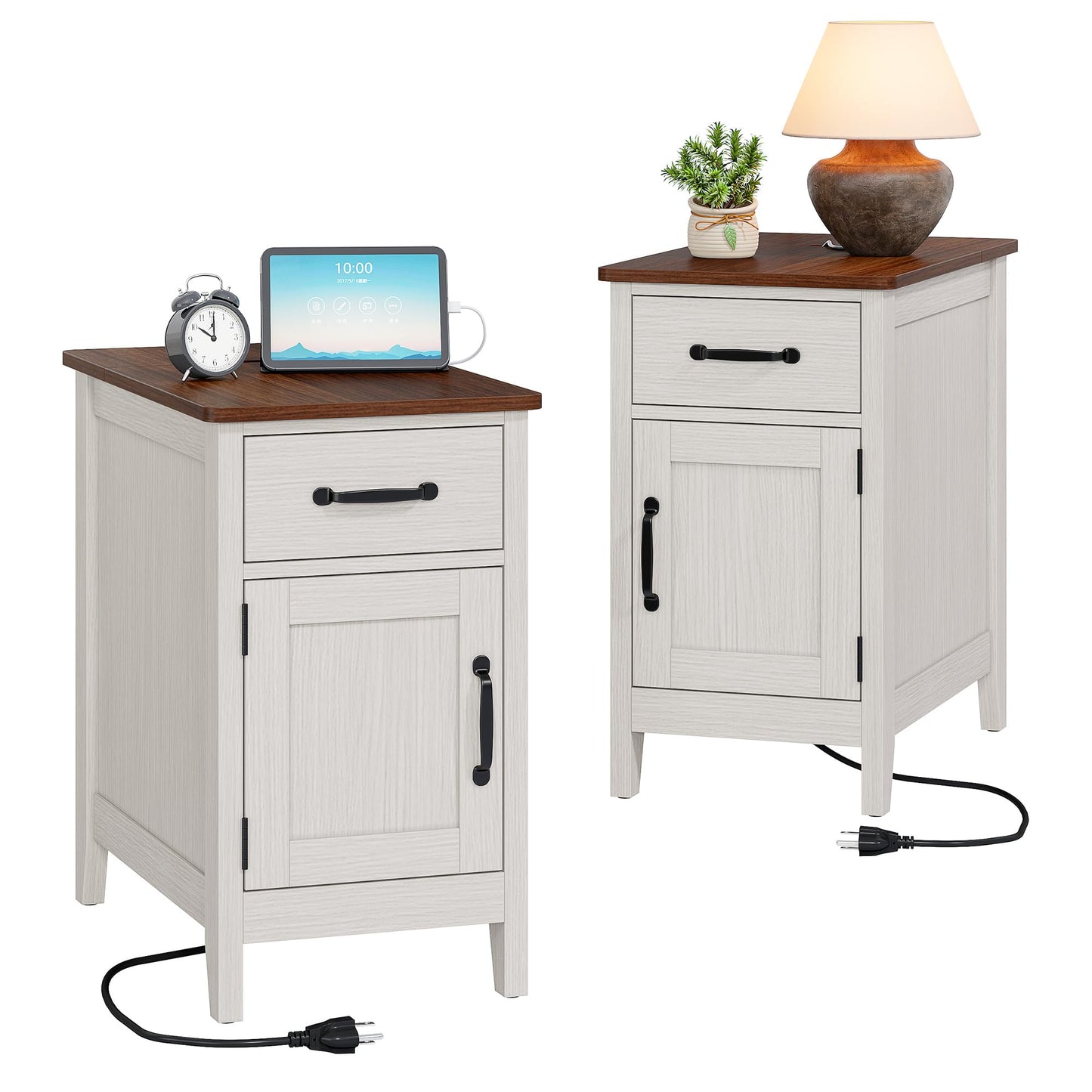 Alohappy End Table Set of 2 with Charging Station, Narrow Side Table with Hidden Flip Top & Power Strip, Farmhouse Nightstand with Drawer and Storage Cabinet for Living Room, Bedroom (2, White)