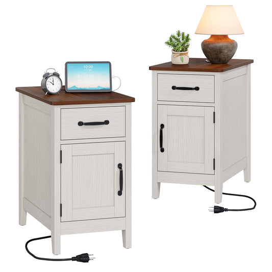 Alohappy End Table Set of 2 with Charging Station, Narrow Side Table with Hidden Flip Top & Power Strip, Farmhouse Nightstand with Drawer and Storage Cabinet for Living Room, Bedroom (2, White)