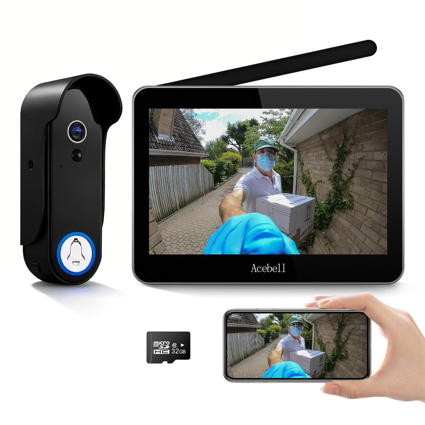 ACEBELL Wireless Smart Video Doorbell Intercom System, WiFi 1080P Video Doorbell Camera with Monitor, Video Door Phone with 7''Touch Screen, Motion Detection, No Subscription, APP Control