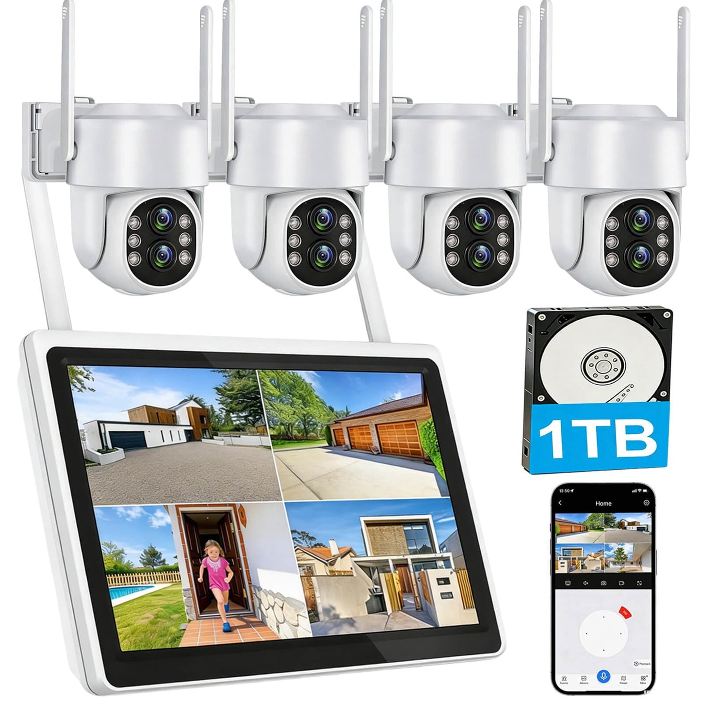 PTZ Security Camera System Outdoor with 10" HD Monitor, Pre-Installed 1TB HDD for 24/7 Recording No Monthly Fee, 4X 2K Dual-Lens Cameras with 10X Zoom, 10CH Expandable WiFi NVR, 2.4G/5G