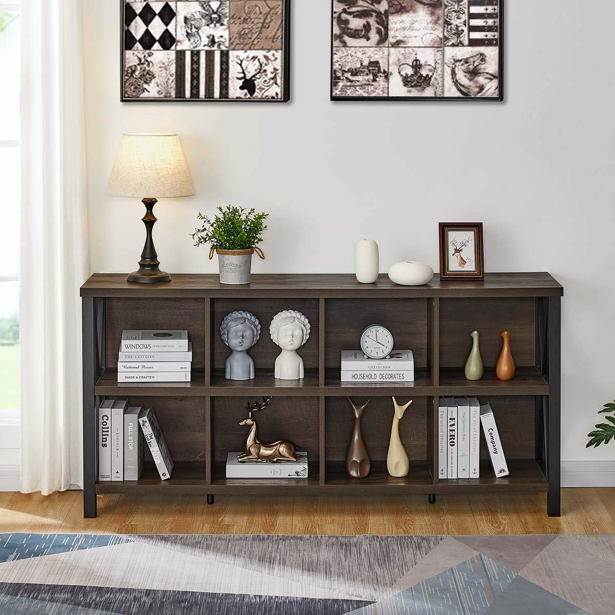 FATORRI 8 Cube Storage Organizer Bookshelf, 62 Inch Rustic Wood Horizontal Bookcase, Industrial Cube Long Book Shelf for Living Room, Home Office (Walnut Brown)