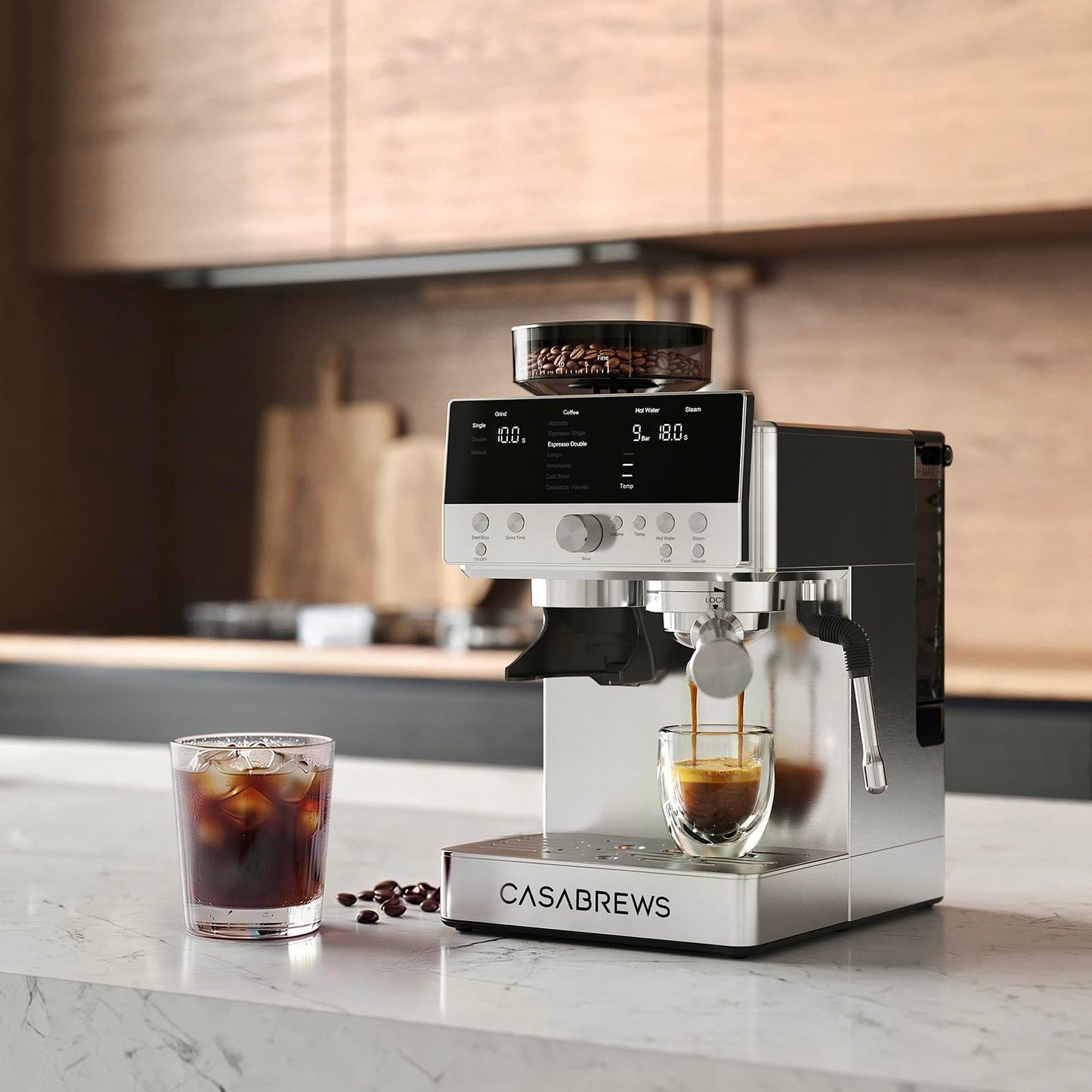 CASABREWS MARENZA Semi-Auto Espresso Coffee Machine with Built-in Grinder, Professional Coffee Maker with Milk Frother Steam Wand, Barista-Quality Cappuccino Latte Machine with LCD Display