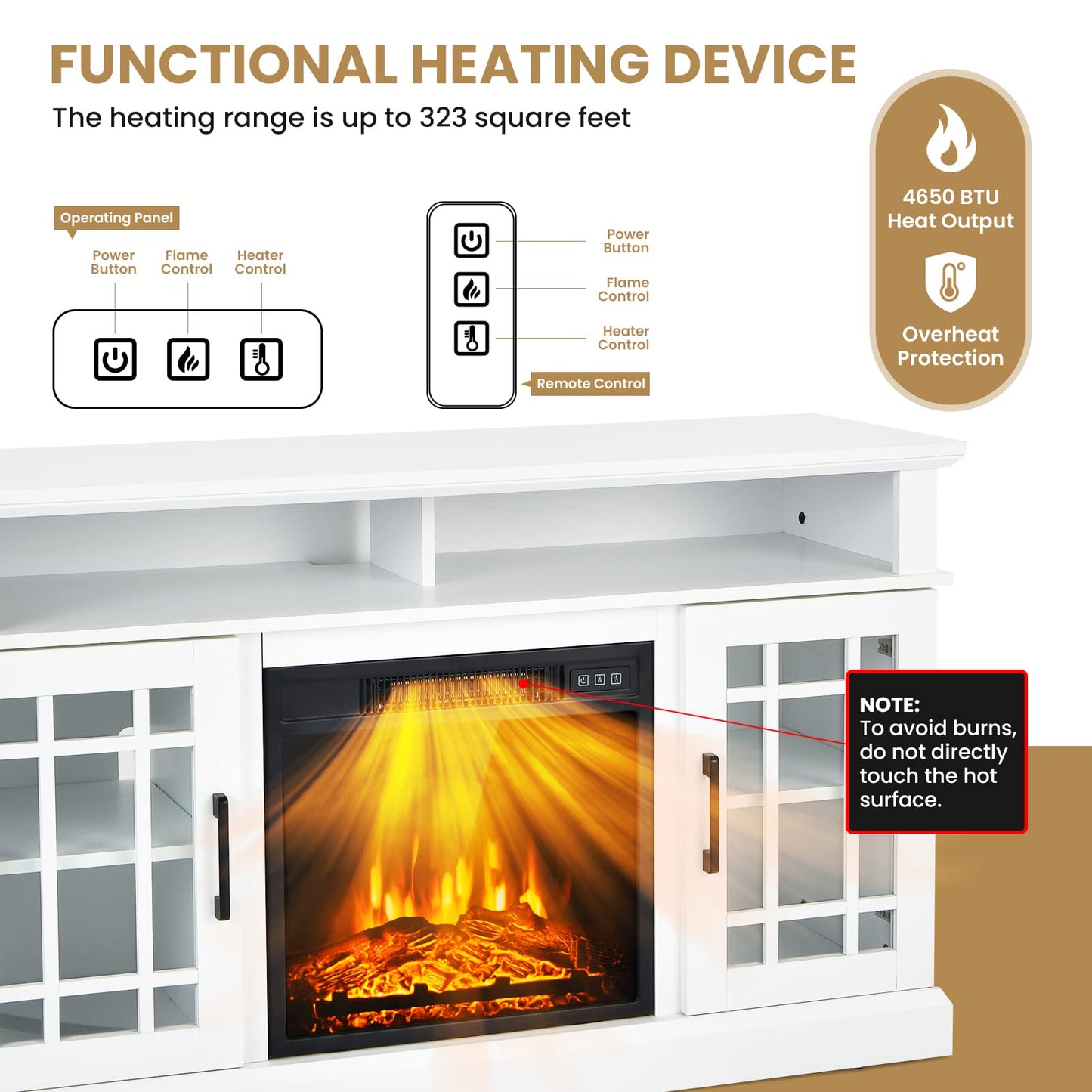 Happygrill Electric Fireplace TV Stand Up to 55 Inches, 48 Inch TV Stand w/Heater, Remote & Storage, Overheat Protection, Wooden Entertainment Center w/Adjustable Shelves for Living Room, White