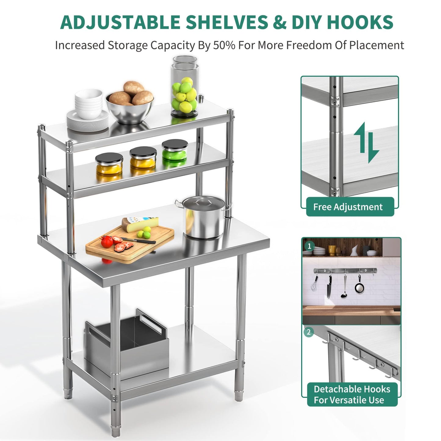 YITAHOME NSF Stainless Steel Work Table With Overshelves, 30" X 24" With 30" X 12" Shelf, Metal Prep Table for Home Kitchen Restaurant Garage Warehouse