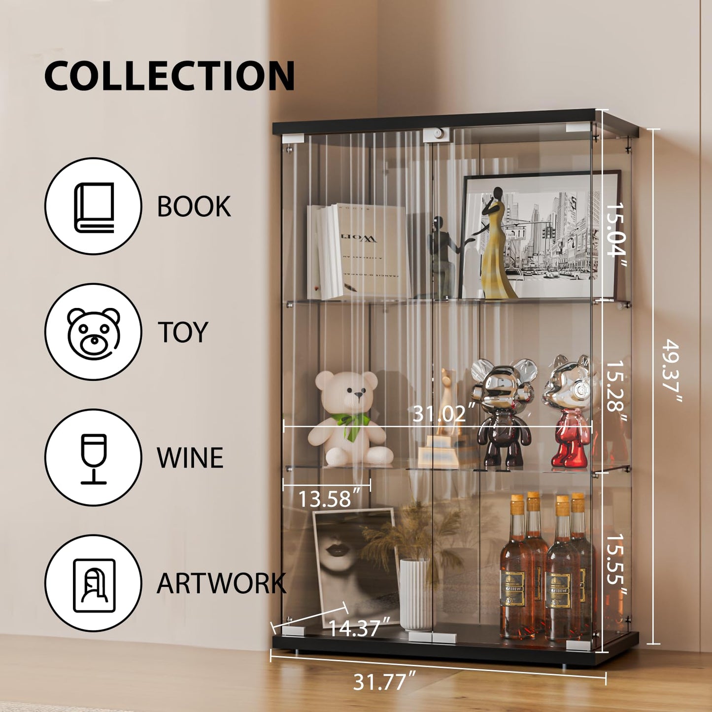 FANYUSHOW Glass Display Cabinet, 2-Door Curio Cabinet with Lock and Glass Shelves, Black Display Case for Collectibles, Lego, Figures, Books, Wine and Home Decor