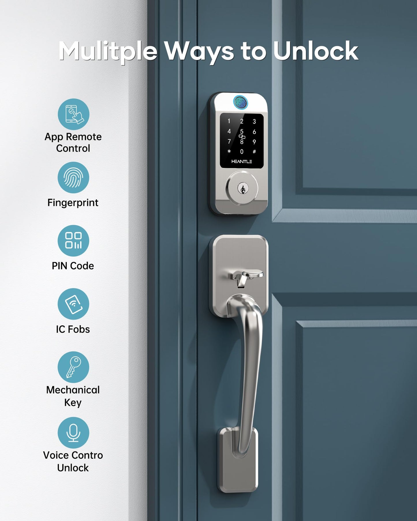 Wi-Fi Front Door Lock Set - HEANTLE Smart Locks for Front Door Built-in WiFi Keyless Entry Deadbolt with Handle Set Fingerprint Smart Electronic Deadbolt, Works with Alexa & Google Assistant Silver