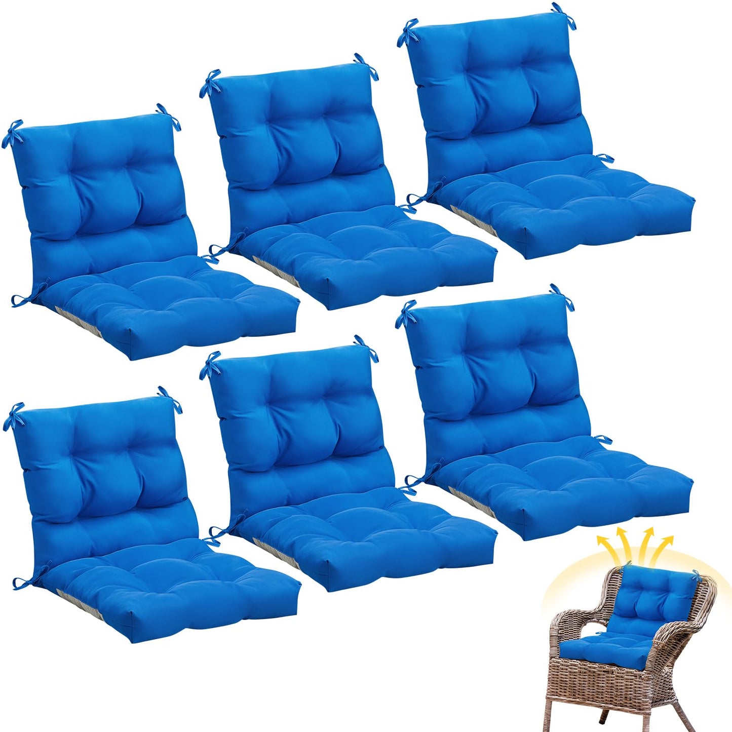 Marsui 6 Pcs Outdoor Indoor High Back Chair Cushions Patio Furniture Tufted Pillow with Ties Water-Resistant Replacement Outdoor Rocking Chair Cushions, 42 x 21 Inches (Blue,Solid Color)