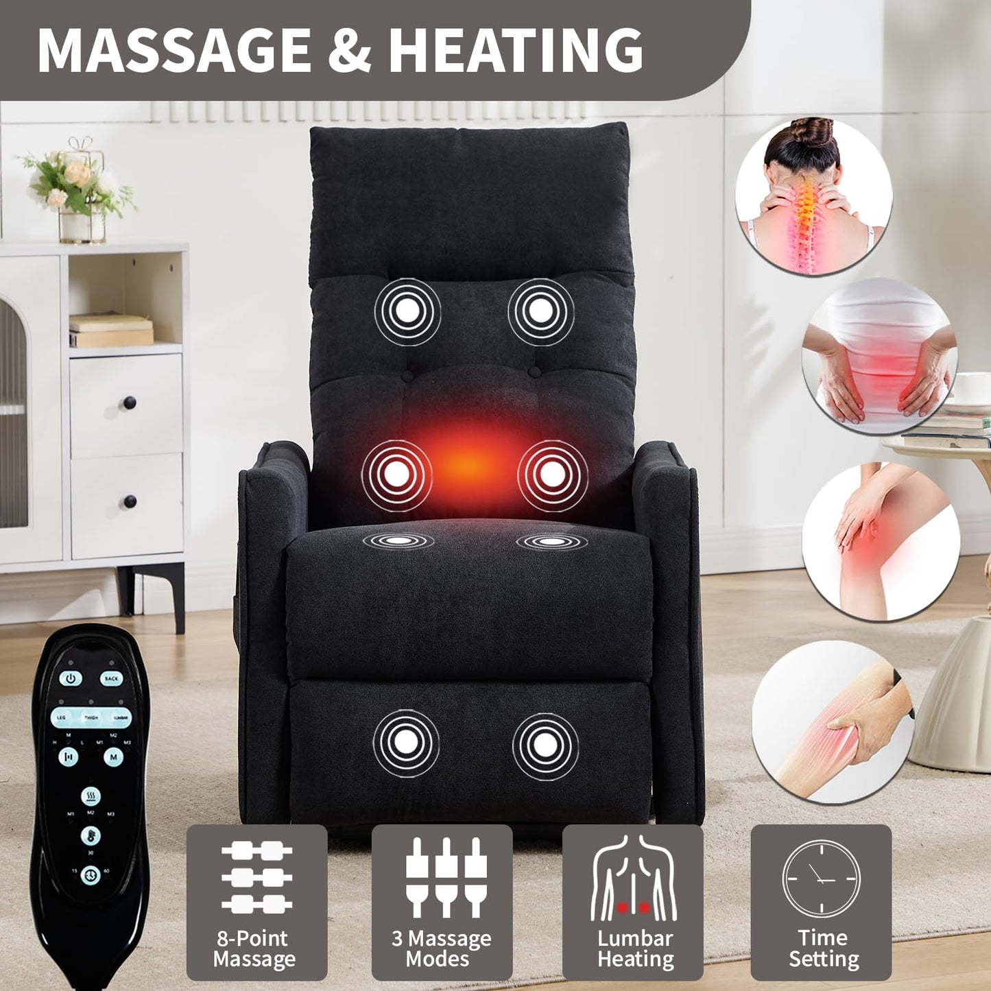 KEIKI Single Motor Power Lift Recliner Chair with Massage and Heat for Home Theater, Soft Fabric Finish with USB Charging Port and Motion Mechanism for Elderly